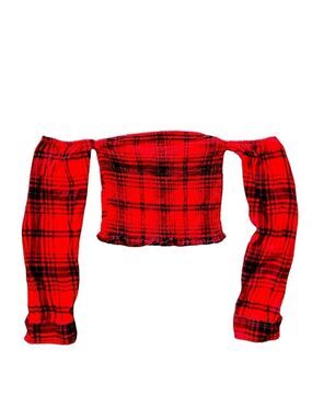 2/$15 Garage Red Black Plaid Cropped Shoulderless Top XS